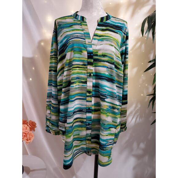 Calvin Klein Abstract Stripe Button Up Split Neck Blouse Womens Plus Size 2X Top - Picture 1 of 9